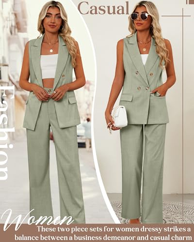 Women Suits 2 Piece Sets Button Lapel V Neck Sleeveless Blazer Vest and Wide Leg Pants Suit Matching Outfits