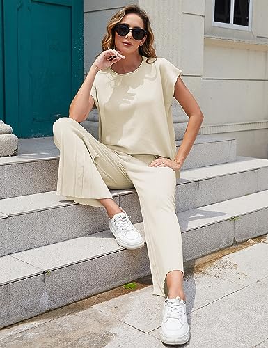 Women's 2 Piece Outfits Sweater Set Knit Pullover Tops High Waisted Pants Sweatsuits Lounge Set