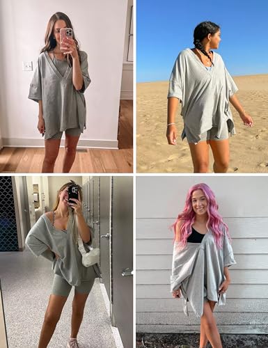 2 Piece Outfits for Women Reversible Oversized T Shirt Biker Shorts Sets Workout Tracksuit