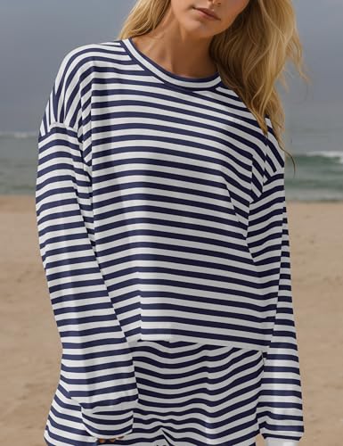 Women's Striped 2 Piece Lounge Set Casual Long Sleeve T-Shirt Drawstring Wide Leg Pants Matching Pajamas Set