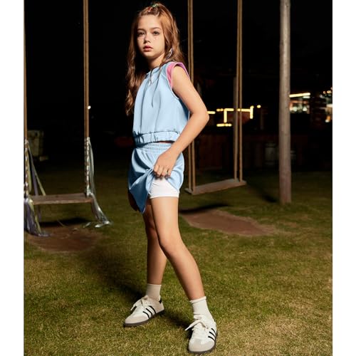 Girls 2 Pieces Tracksuit Summer Fall Crewneck Crop Tops and Skirts Pocketed Kids Casual Skort Sets