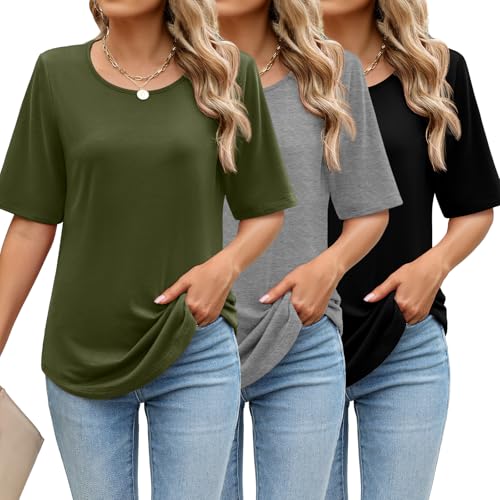 3 Pcs Womens Half Sleeve Top Elbow Length T Shirt Women Round Neck Basic T Shirt Summer Casual Blouses