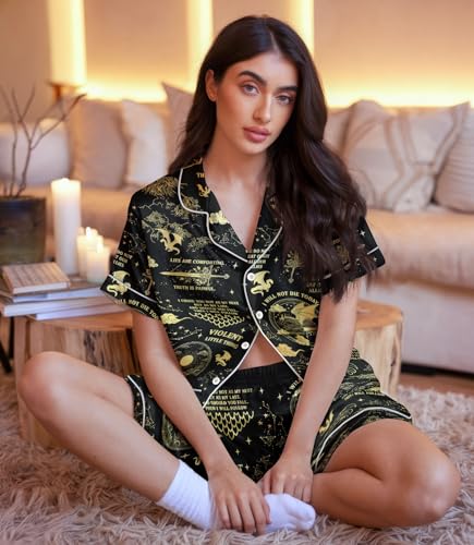 Women’s Silk Satin Pajama Set, Short Sleeve Button Down 2 Piece PJs with Shorts, Cozy Loungewear & Matching Holiday Pajamas