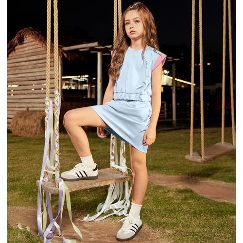 Girls 2 Pieces Tracksuit Summer Fall Crewneck Crop Tops and Skirts Pocketed Kids Casual Skort Sets