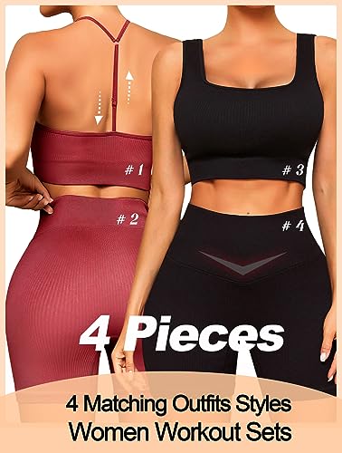 Workout Outfits Sets for Women 4 piece Seamless Backless Tank Sport Bra High Waist Short Yoga Gym Matching Active Set