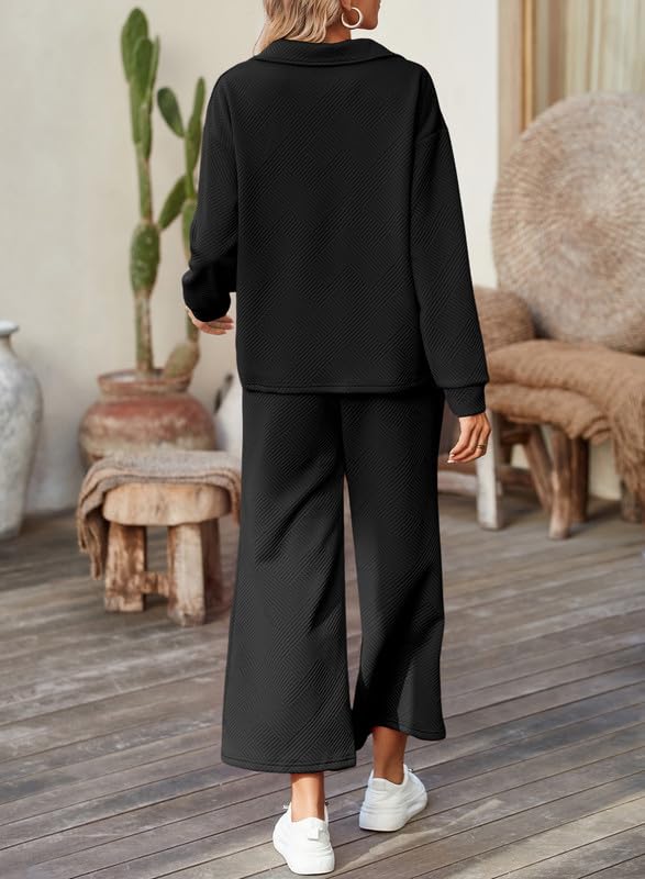 2 Piece Sets for Women Collared V Neck Long Sleeve Polo Shirts Tops Lounge Set Tracksuits Sweatsuits