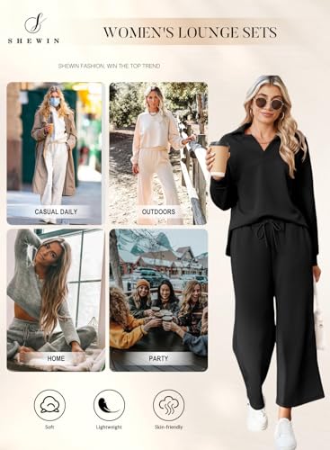 2 Piece Sets for Women Collared V Neck Long Sleeve Polo Shirts Tops Lounge Set Tracksuits Sweatsuits