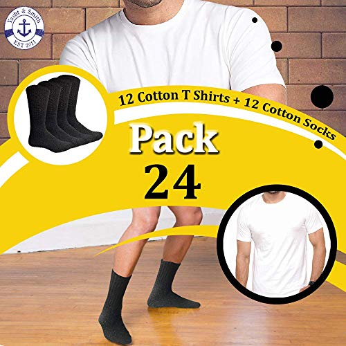 24 Piece Bulk Case Mens/Womens T-Shirt and Crew Sock Set, Travel, Charity Supply