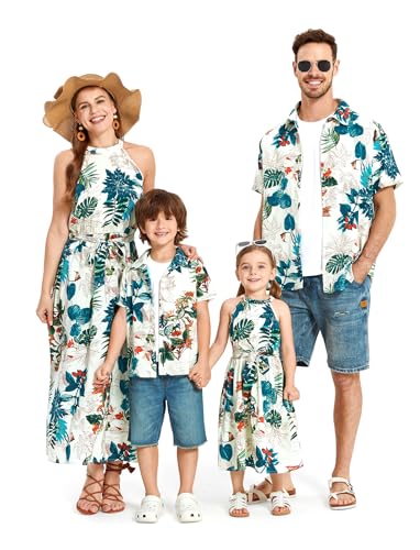 Family Hawaiian Matching Outfits Mommy and Me Outfits Caribbean Vacation Summer Tropical Halter Sundresses and Shirts