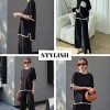 Womens Knit 2 Piece Sweater Sets Short Sleeve Pullover Tops Elastic Waist Wide Leg Pants Lounge Set