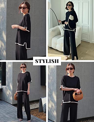 Womens Knit 2 Piece Sweater Sets Short Sleeve Pullover Tops Elastic Waist Wide Leg Pants Lounge Set