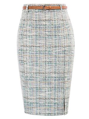Women's Tweed Pencil Skirt Knee Length High Waisted Skirts with Slit Elegant Skirts with Belt