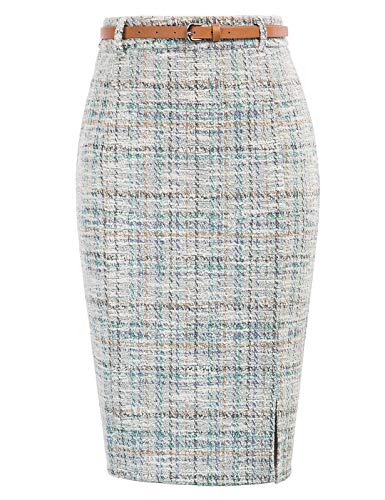 Women's Tweed Pencil Skirt Knee Length High Waisted Skirts with Slit Elegant Skirts with Belt