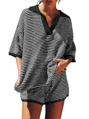 Womens Sweater Set 2 Piece Outfits Oversized 3/4 Sleeve V Neck Knit Tops High Waisted Shorts Lounge Sets