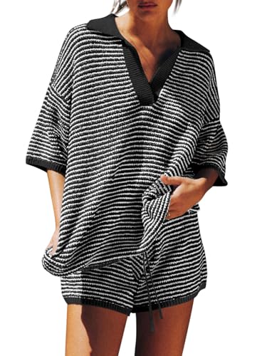 Womens Sweater Set 2 Piece Outfits Oversized 3/4 Sleeve V Neck Knit Tops High Waisted Shorts Lounge Sets