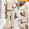 Womens 2 Piece Outfits Summer Sweater Sets Short Sleeve Knit Pullover Tops Wide Leg Pants Lounge Sets Tracksuits