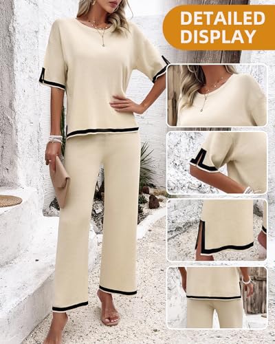 Womens 2 Piece Outfits Summer Sweater Sets Short Sleeve Knit Pullover Tops Wide Leg Pants Lounge Sets Tracksuits