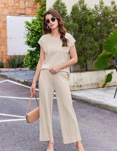 Lounge Sets for Women Two Piece Outfits Knit Cap Sleeve Tops Wide Leg Pleated Pants Casual Dressy Sweater Sets