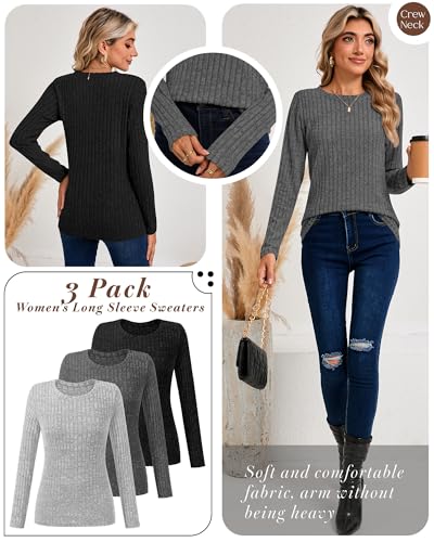 3 Pack Women's Long Sleeve Sweaters, Lightweight Crew Neck Shirts Regular Fit Tunic Tops Casual Solid Color Pullover