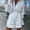 Womens 2025 Summer Eyelet Lace Two Piece Patterned Long Sleeve Tops Shorts Set
