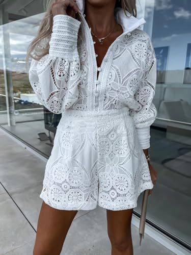 Womens 2025 Summer Eyelet Lace Two Piece Patterned Long Sleeve Tops Shorts Set