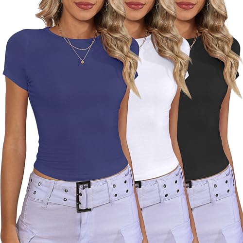 3 Pcs Women's Short Sleeve Crop Tops, Boat Neck Slim Fitted Cropped Shirts Workout Basic Tops
