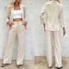 Women's Linen 2 Piece Outfits Blazer Suit Wide Leg Pantsuits Dressy Business Casual Work Jackets Sets