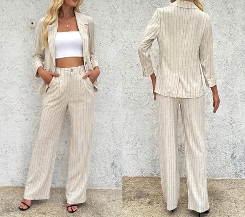 Women's Linen 2 Piece Outfits Blazer Suit Wide Leg Pantsuits Dressy Business Casual Work Jackets Sets