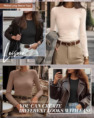 3 Pack Women's Ribbed Long Sleeve Tops, Crew Neck Slim Fit Undershirts Knit Basic Casual Stretch Layering Tee Shirts