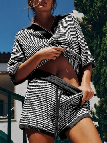 Womens Sweater Set 2 Piece Outfits Oversized 3/4 Sleeve V Neck Knit Tops High Waisted Shorts Lounge Sets