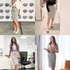 Women's Tweed Pencil Skirt Knee Length High Waisted Skirts with Slit Elegant Skirts with Belt