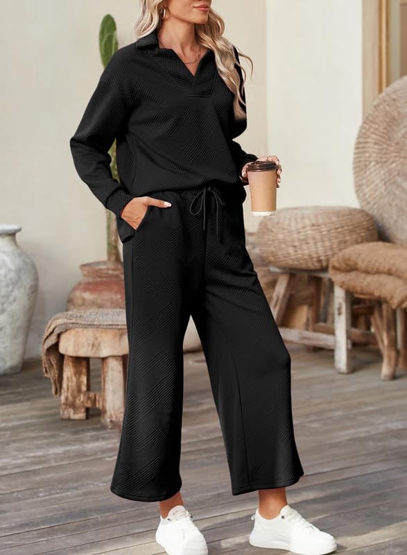 2 Piece Sets for Women Collared V Neck Long Sleeve Polo Shirts Tops Lounge Set Tracksuits Sweatsuits