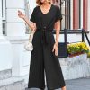 Women's Summer 2 Piece Outfits Cap Sleeve V Neck Belted Crop Tops Cropped Wide Leg Pants Sets Casual Travel Set