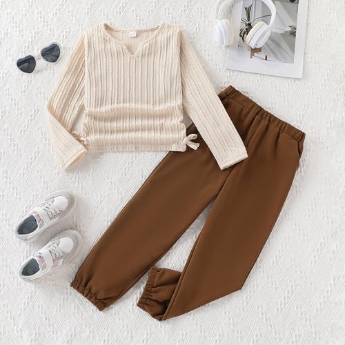 Girls' Clothes Long Sleeve Ribbed Knit Ruched Tops & Camo Jogger Pants Sets Fall Outfits with Pockets Size 6-14Y