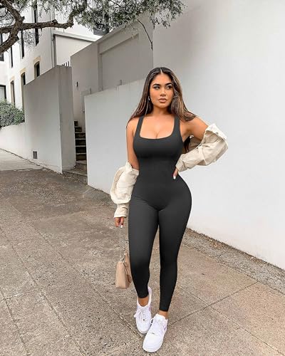 Women Workout Seamless Jumpsuit Yoga Ribbed Bodycon One Piece Tank Top Leggings Romper