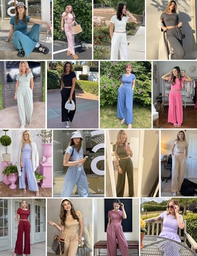 Ekouaer Women's 2 Piece Lounge Sets Short Sleeve Pajama Set Ribbed Knit Crop Top Wide Leg Pants Loungewear S-XXL