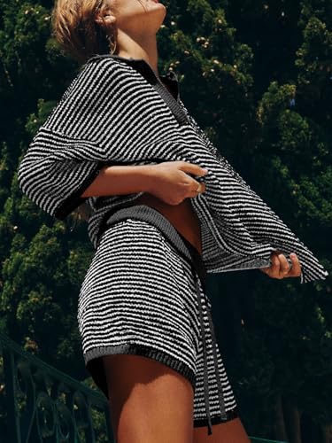 Womens Sweater Set 2 Piece Outfits Oversized 3/4 Sleeve V Neck Knit Tops High Waisted Shorts Lounge Sets