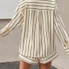 Womens 2 Piece Outfits Striped Long Sleeve Button Down Collared Shirt Matching Shorts Sets