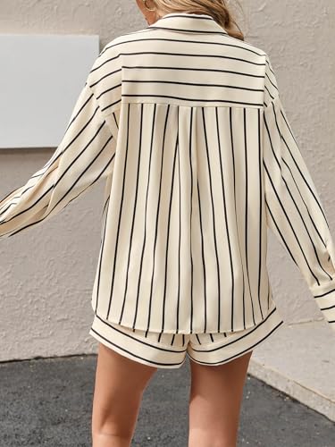 Womens 2 Piece Outfits Striped Long Sleeve Button Down Collared Shirt Matching Shorts Sets