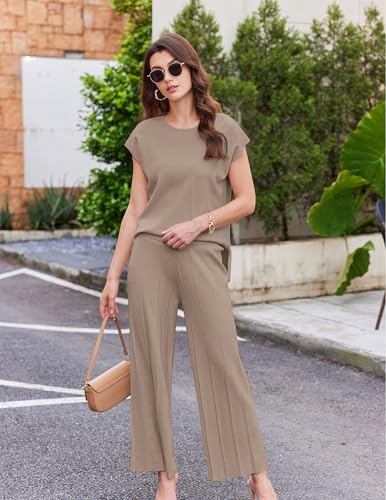 Lounge Sets for Women Two Piece Outfits Knit Cap Sleeve Tops Wide Leg Pleated Pants Casual Dressy Sweater Sets