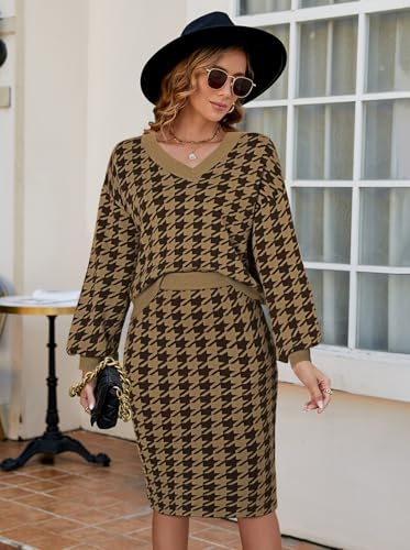 Women's 2 Piece Outfits Set Knit V Neck Batwing Long Sleeve Loose Top Bodycon Midi Skirt Sweater Dresses