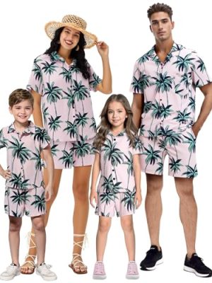 Family Matching Outfits Short Sleeve Button Down Hawaiian Shirt and Short Sets for Men Women Kids with Pockets