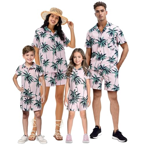 Family Matching Outfits Short Sleeve Button Down Hawaiian Shirt and Short Sets for Men Women Kids with Pockets