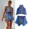 2 Piece Set Print Tube Top Elastic Waist Shorts Suit Female Casual Vacation Blue Suits