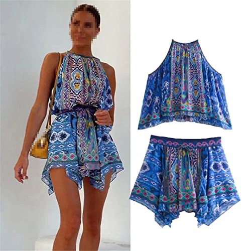 2 Piece Set Print Tube Top Elastic Waist Shorts Suit Female Casual Vacation Blue Suits