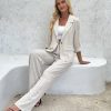 Women's Linen 2 Piece Outfits Blazer Suit Wide Leg Pantsuits Dressy Business Casual Work Jackets Sets
