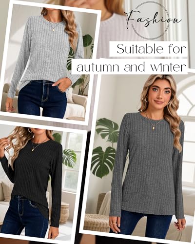 3 Pack Women's Long Sleeve Sweaters, Lightweight Crew Neck Shirts Regular Fit Tunic Tops Casual Solid Color Pullover