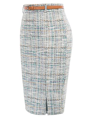 Women's Tweed Pencil Skirt Knee Length High Waisted Skirts with Slit Elegant Skirts with Belt