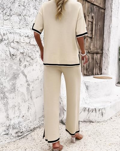 Womens 2 Piece Outfits Summer Sweater Sets Short Sleeve Knit Pullover Tops Wide Leg Pants Lounge Sets Tracksuits