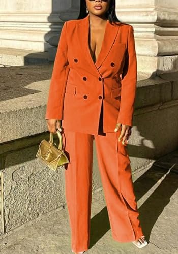 Pants Suits for Women Dressy 2 Piece Business Casual Outfits Double Breasted Blazer Wide Leg Pants Set Office Work